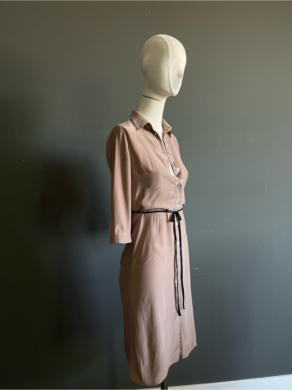 Lan Jaenicke Blush Mauve 100% Silk Button Front Midi Shirt Dress Belt Size 1 Usa — image 5 of 8